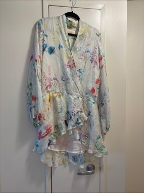 Rococo Sand Floral Ruffled Wrap Blouse in White with Multicolor Print. NWOT